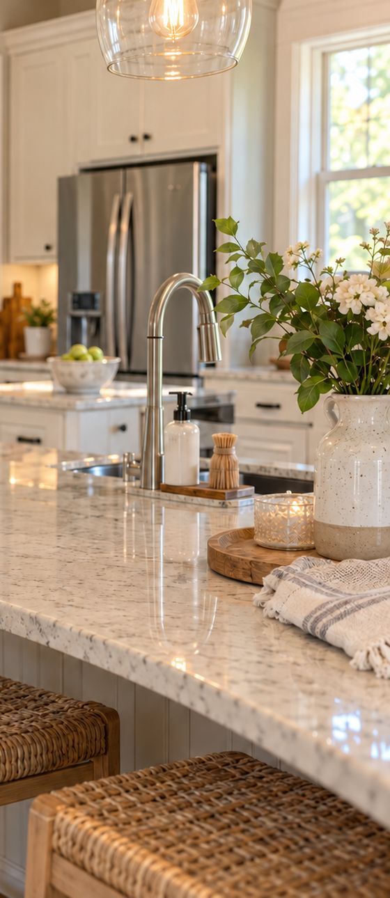 A bright kitchen with fresh flowers and woven stools